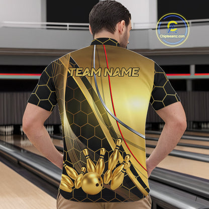 Custom Black and Gold Bowling Polo, Quarter Zip Shirts For Men, Bowling Team League Jersey NQS10346