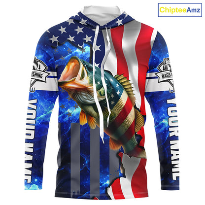 Bass Fishing American Flag patriotic UV protection Custom name long sleeves shirt NQS926