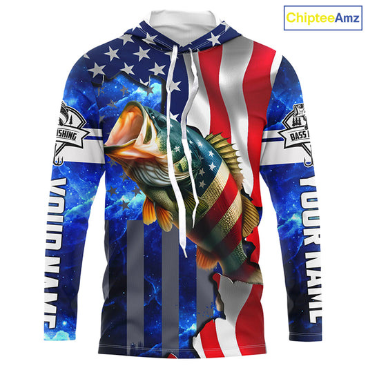 Bass Fishing American Flag patriotic UV protection Custom name long sleeves shirt NQS926