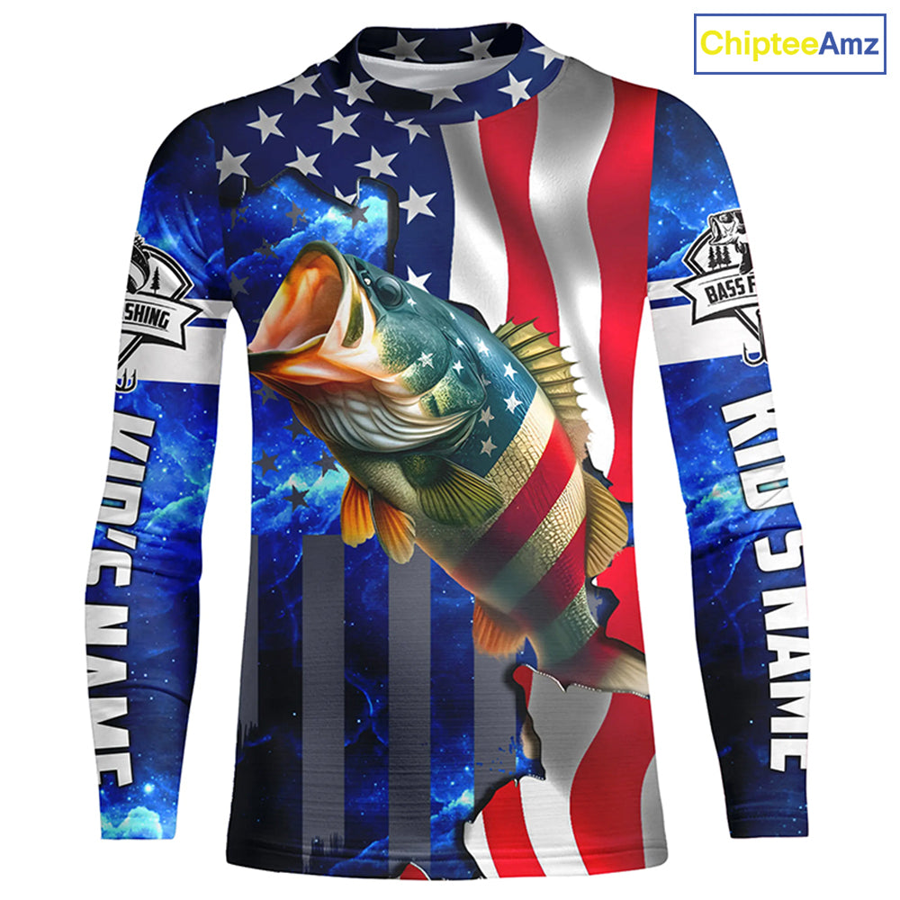 Bass Fishing American Flag patriotic UV protection Custom name long sleeves shirt NQS926