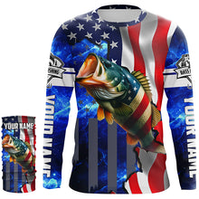 Load image into Gallery viewer, Bass Fishing American Flag patriotic UV protection Custom name long sleeves shirt NQS926