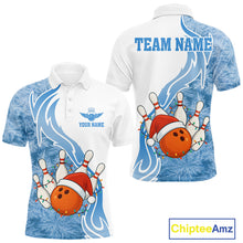 Load image into Gallery viewer, White and Blue Ice pattern Christmas Bowling shirts for men Custom Xmas Team bowling jerseys NQS10967
