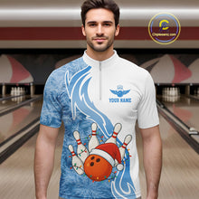 Load image into Gallery viewer, White and Blue Ice pattern Christmas Bowling shirts for men Custom Xmas Team bowling jerseys NQS10967