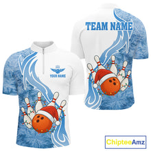 Load image into Gallery viewer, White and Blue Ice pattern Christmas Bowling shirts for men Custom Xmas Team bowling jerseys NQS10967