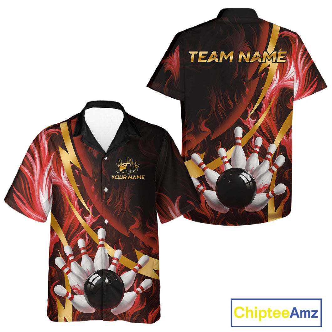 Personalized Bowling Hawaiian Shirt Custom Red Flame and Gold Bowling Team Button Up Shirt NQS11146