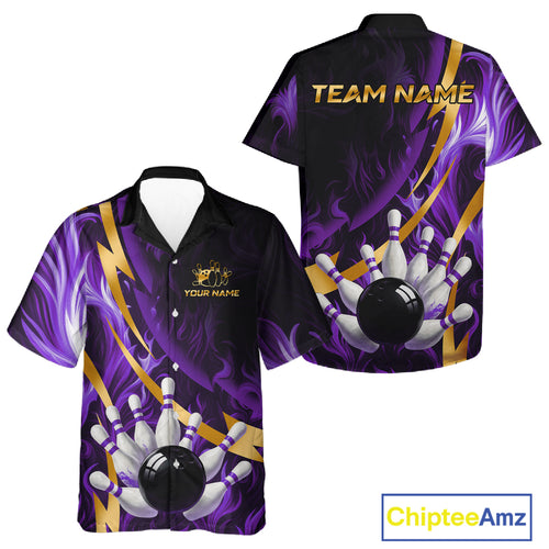 Personalized Bowling Hawaiian Shirt Custom Purple Flame and Gold Bowling Team Button Up Shirt NQS11147