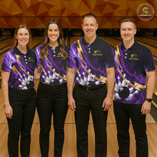 Load image into Gallery viewer, Personalized Bowling Polo, Quarter Zip Shirt for Men Custom Purple Flame and Gold Bowling Team Jersey NQS11147