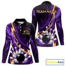 Load image into Gallery viewer, Personalized Bowling Polo, Quarter Zip Shirt for Women Custom Purple Flame &amp; Gold Bowling Team Jersey NQS11147