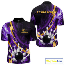 Load image into Gallery viewer, Personalized Bowling Polo, Quarter Zip Shirt for Men Custom Purple Flame and Gold Bowling Team Jersey NQS11147