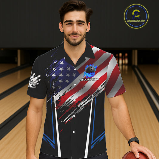 Personalized American Flag Bowling Team Hawaiian Shirt, Black and Blue Patriotic Bowling Gifts NQS11357