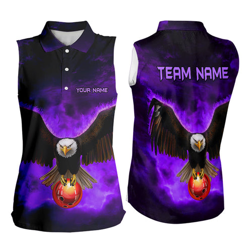 Personalized Purple Flame Eagle Custom Bowling Sleeveless Polo Shirt, Fire Eagle Bowling League Jersey NQS9615