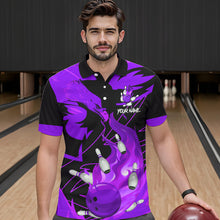 Load image into Gallery viewer, Eagle flame bowling ball and pins custom Mens Bowling Shirts, team bowling jerseys | Purple NQS9617