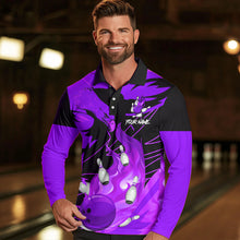 Load image into Gallery viewer, Eagle flame bowling ball and pins custom Mens Bowling Shirts, team bowling jerseys | Purple NQS9617