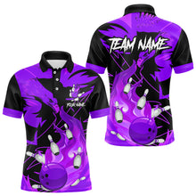 Load image into Gallery viewer, Eagle flame bowling ball and pins custom Mens Bowling Shirts, team bowling jerseys | Purple NQS9617
