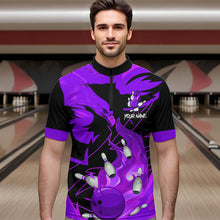 Load image into Gallery viewer, Eagle flame bowling ball and pins custom Mens Bowling Shirts, team bowling jerseys | Purple NQS9617