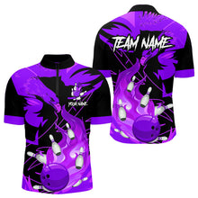 Load image into Gallery viewer, Eagle flame bowling ball and pins custom Mens Bowling Shirts, team bowling jerseys | Purple NQS9617