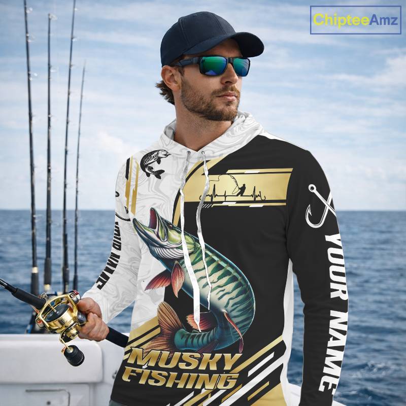 Personalized Musky fishing shirts Custom sun protection Muskie fishing team jerseys | Gold NQS11689