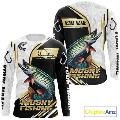 Personalized Musky fishing shirts Custom sun protection Muskie fishing team jerseys | Gold NQS11689