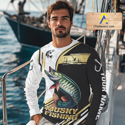 Personalized Musky fishing shirts Custom sun protection Muskie fishing team jerseys | Gold NQS11689