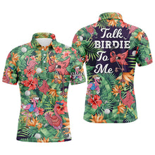 Load image into Gallery viewer, Funny Mens golf polo shirt custom green tropical flower flamingo golf shirts talk birdie to me NQS5364