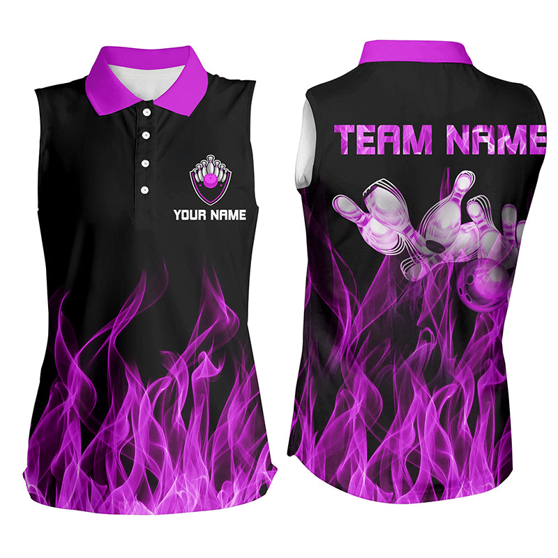 Personalized Women sleeveless polo shirts Purple Flame Bowling Ball & Pins bowling jerseys for Bowler NQS6035