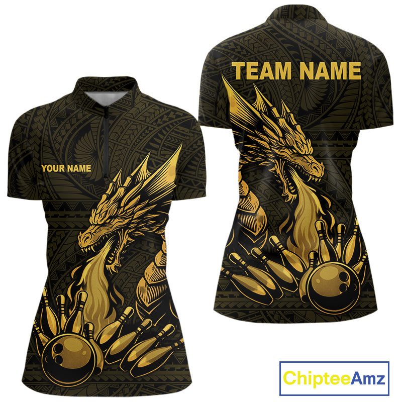 Custom Tribal pattern Gold Dragon Bowling Polo, 1/4 Zip Shirt For Women, Bowling Team League Jersey NQS10349