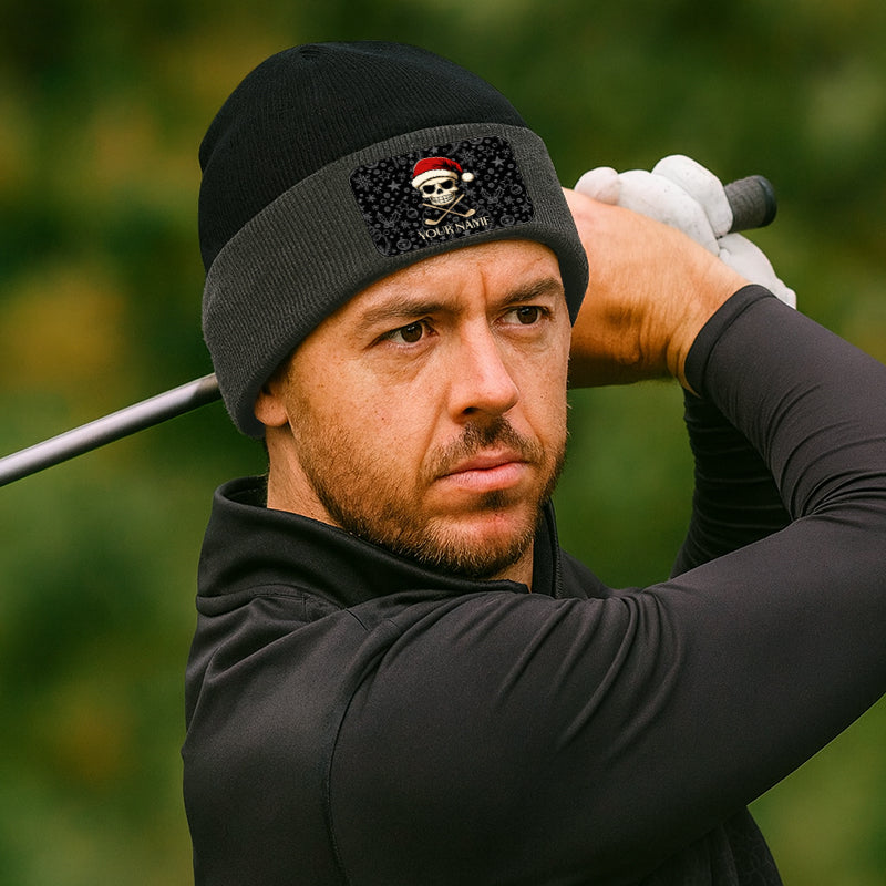 Funny Christmas Skull Golf Knit Beanie Hat, Custom Rectangle Patch Golf Beanie Hat, Xmas Golf Gifts NQS10783