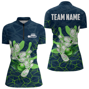 Blue and Green Camo Bowling Polo, 1/4 Zip Shirts for Women Custom Team Ladies Bowling jerseys NQS9304