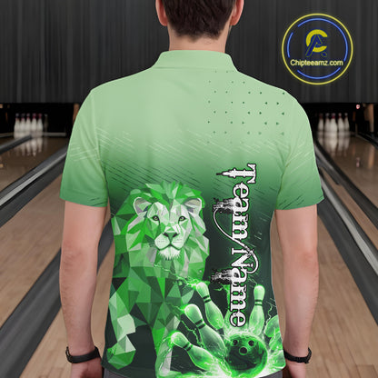 Green Lightning Lion Bowling Polo, Quarter Zip Shirts for Men Custom Lion Bowling Team jerseys NQS11568