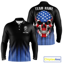 Load image into Gallery viewer, Black and Blue American Flag Skull Bowling Shirts for Men Custom Patriotic Bowling Team jerseys NQS11699