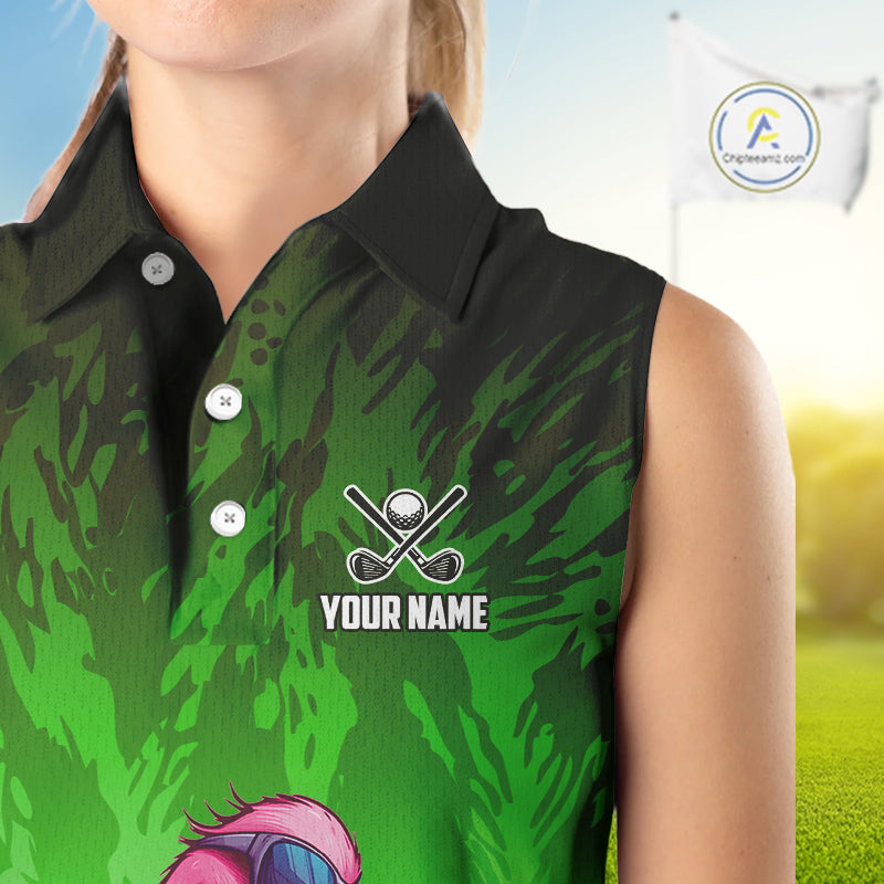 Funny Flamingo Green camo flame golf ball Women Golf Sleeveless Polo Shirt Custom Ladies Golf tops NQS9799