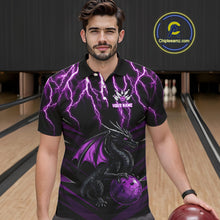 Load image into Gallery viewer, Black &amp; Purple Lightning Thunder Dragon Bowling Shirt For Men Custom Dragon Bowling Team Shirt Uniform NQS9805