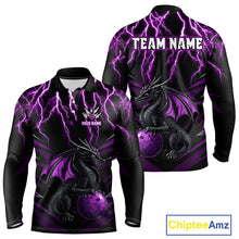Load image into Gallery viewer, Black &amp; Purple Lightning Thunder Dragon Bowling Shirt For Men Custom Dragon Bowling Team Shirt Uniform NQS9805