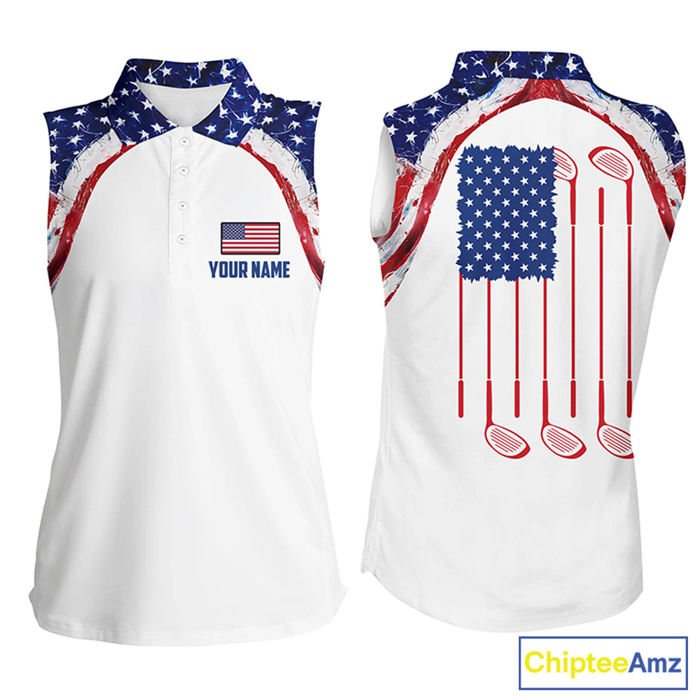 Watercolor American flag white Womens sleeveless polo shirts custom golf tops for ladies golf gift NQS5376