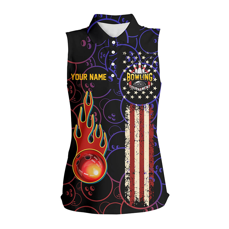 Custom black sleeveless bowling shirt for women – personalized team jersey front view