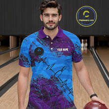 Load image into Gallery viewer, Blue and Purple Grunge Camo Heartbeat Bowling Polo, 1/4 Zip Shirt For Men Custom Bowling Team Jersey NQS10040