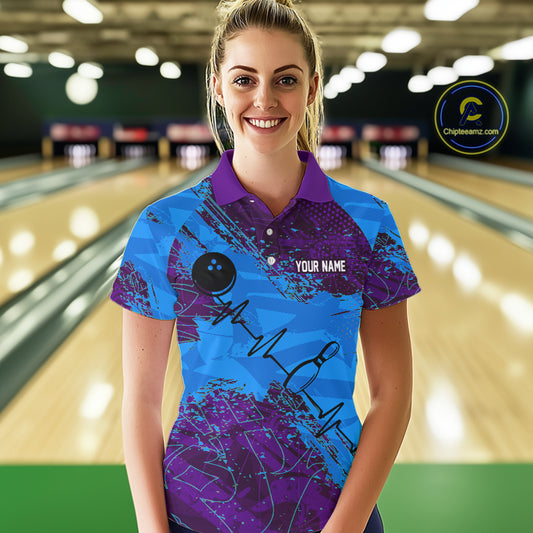 Blue and Purple Grunge Camo Heartbeat Women Bowling Polo, 1/4 Zip Shirt Custom Bowling Team Jersey NQS10040
