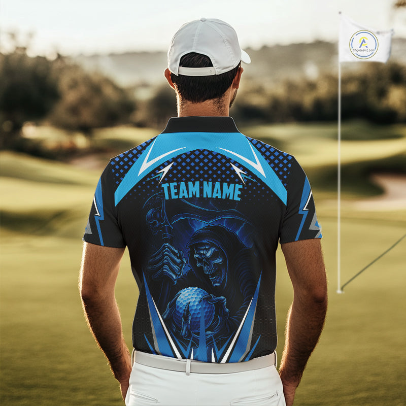 Mens golf polo shirts custom Blue Lightning reaper skull Golf team golf jersey, mens golf attire NQS10206