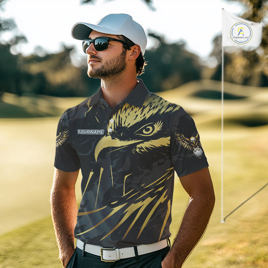 Black and Gold Eagle golf polo shirts for men custom men's golf team shirts, personalized golf gifts NQS10208