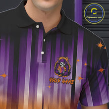 Load image into Gallery viewer, Custom Orange and Purple Flame Skull Halloween Bowling Shirts for Men, Halloween Bowling Team Jersey NQS10358