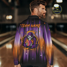 Load image into Gallery viewer, Custom Orange and Purple Flame Skull Halloween Bowling Shirts for Men, Halloween Bowling Team Jersey NQS10358