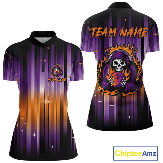 Custom Orange and Purple Flame Skull Halloween Bowling Shirt for Women, Halloween Bowling Team Jersey NQS10358