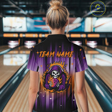 Load image into Gallery viewer, Custom Orange and Purple Flame Skull Halloween Bowling Shirt for Women, Halloween Bowling Team Jersey NQS10358