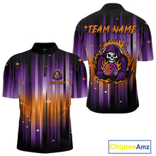 Load image into Gallery viewer, Custom Orange and Purple Flame Skull Halloween Bowling Shirts for Men, Halloween Bowling Team Jersey NQS10358