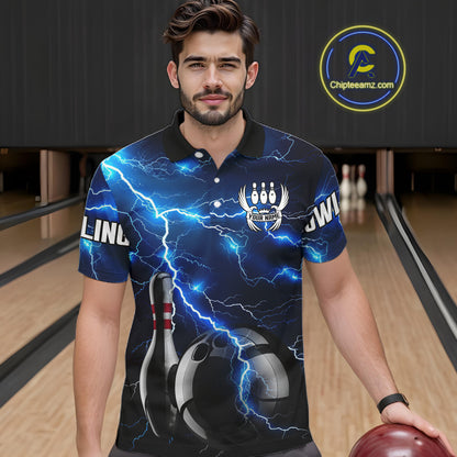 Blue Lightning Thunder Black Bowling Polo, Quarter zip Shirt for men custom storm bowling team jerseys NQS8386