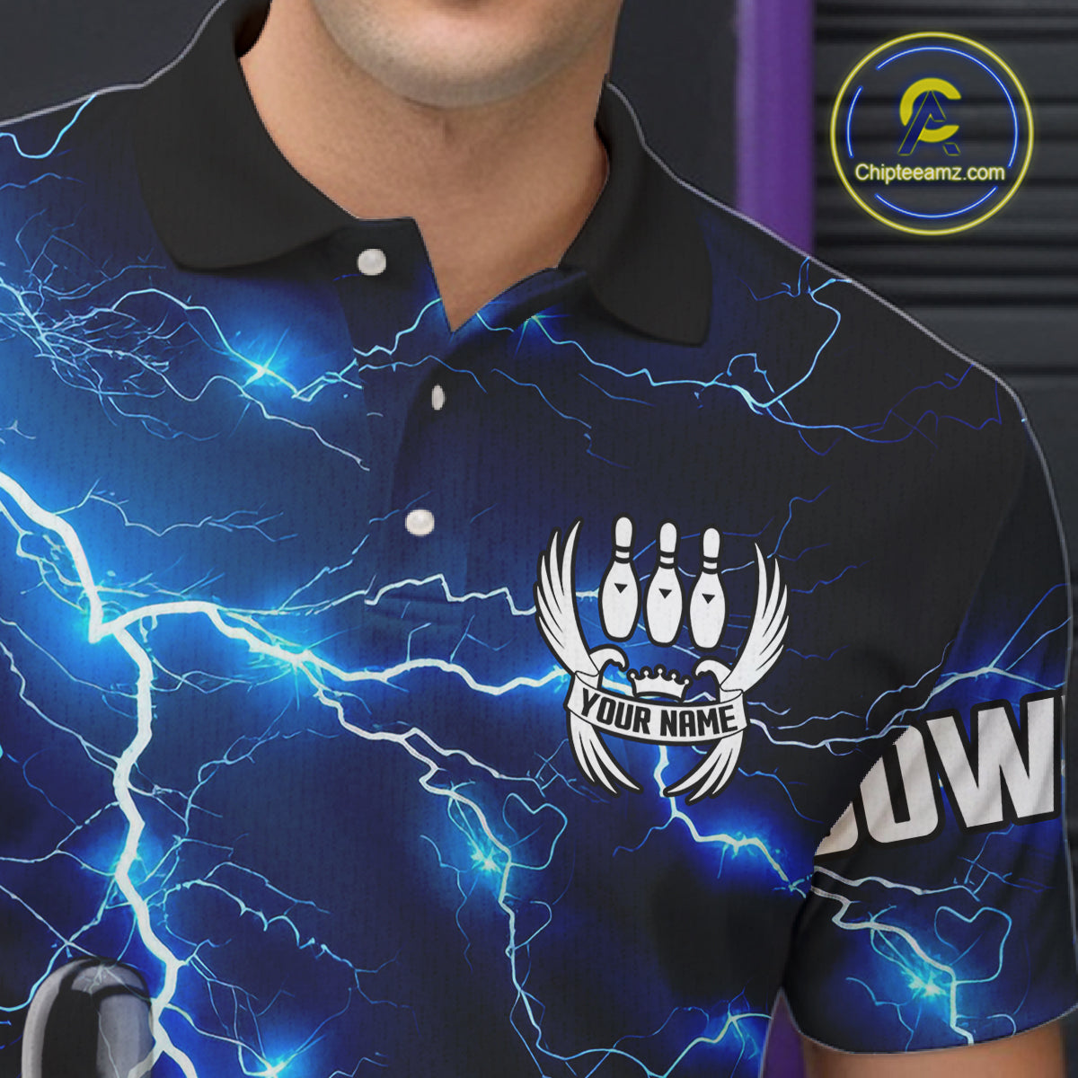 Blue Lightning Thunder Black Bowling Polo, Quarter zip Shirt for men custom storm bowling team jerseys NQS8386