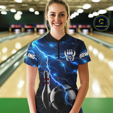 Load image into Gallery viewer, Blue Lightning Thunder Black Women Bowling Polo, Quarter zip Shirt custom storm bowling team jerseys NQS8386