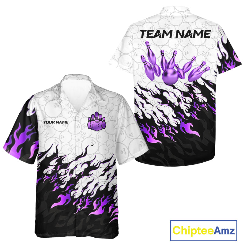 Black and White Camo Bowling Hawaiian shirt Custom Bowling Team League Jerseys | Purple NQS10562