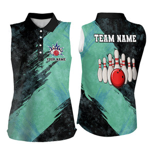 Black and Mint Color Bowling Sleeveless Polo shirt Custom Bowling Team Jerseys, Bowler Outfit NQS9087