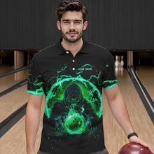 Load image into Gallery viewer, Black and Green Flame Skull Bowling Polo, Quarter Zip Shirt For Men Custom Skull Bowling Team Jerseys NQS9424